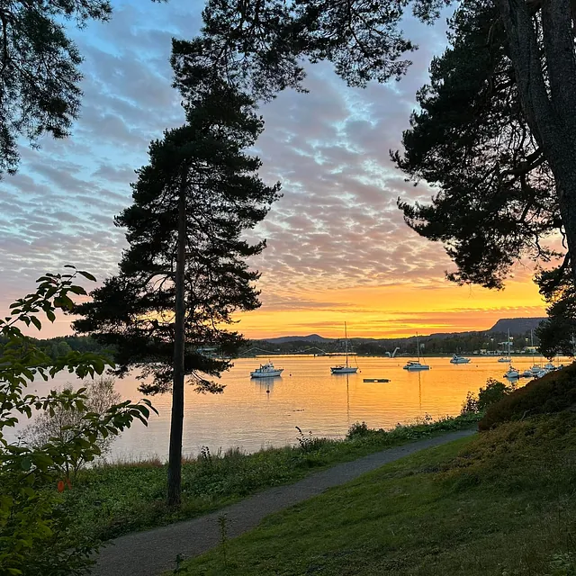 Solnedgang over vann med båter og trær.